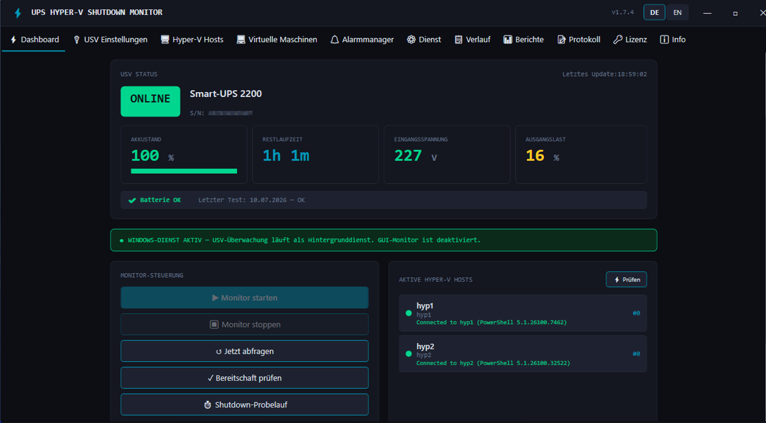 Dashboard-Tab des UPS Hyper-V Shutdown Monitor mit Live-USV-Status, Akkuladung, Restlaufzeit und Hyper-V Host-Übersicht